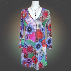 Highness Wmns M Psychedelic Geo Print Dress Retro Artsy Boho Stretch